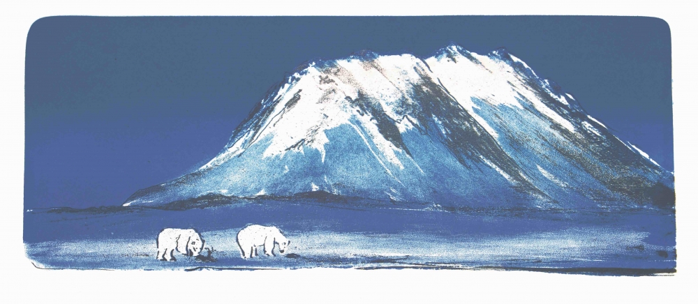 Original grafikk av Olaf Storø.
Inspirert av et møte med isbjørn på Linné Aksla, Isfjord Radio.

